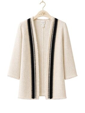 hico’s Textured Bouclé Open‎ Front Cardigan Cream Black Trim